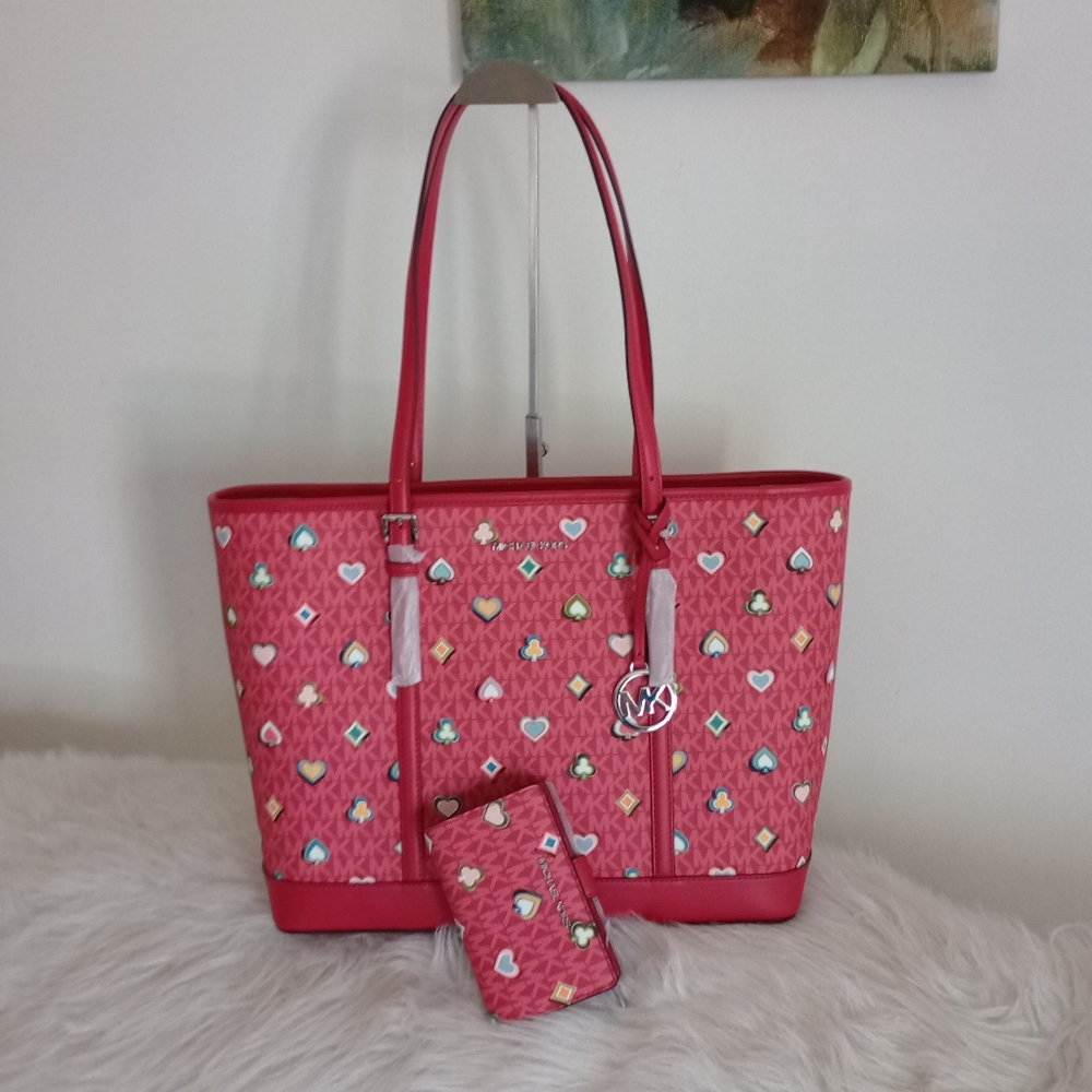 NWT Michael Kors RASPBERRY Tote Bag And Matching Wallet SET